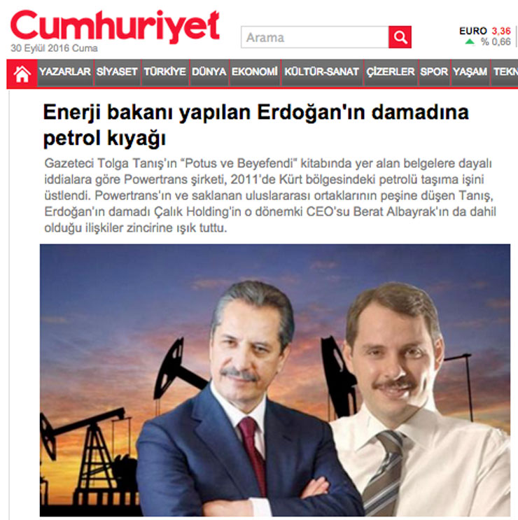 “Oil favours to Erdoğan’s son-in-law, the new Energy Minister” Cumhuriyet article from 2015 (later censored)
