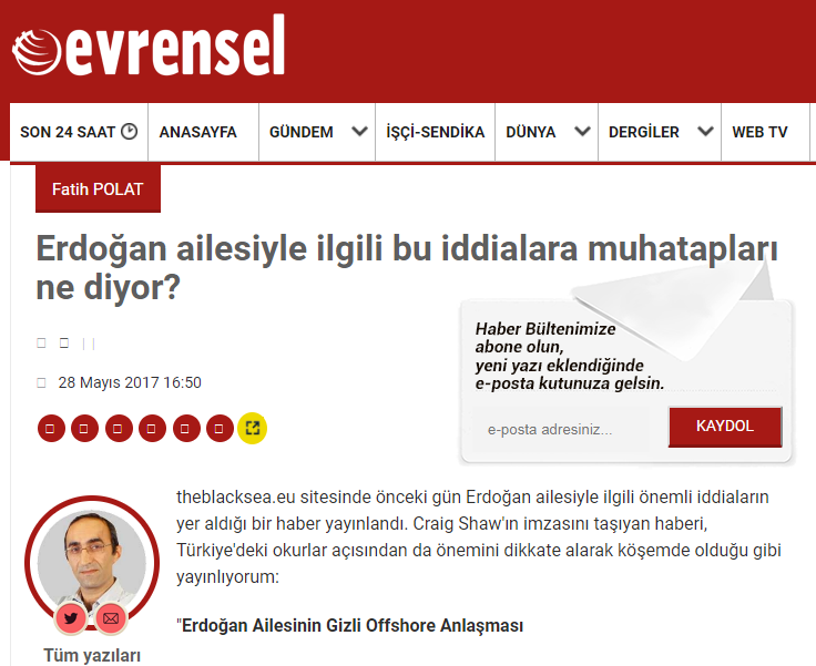 Offensive language: An Istanbul court upheld decision to force Turkish website Evrensel to remove content of article stating: "What does Erdogan family say about these allegations?" 