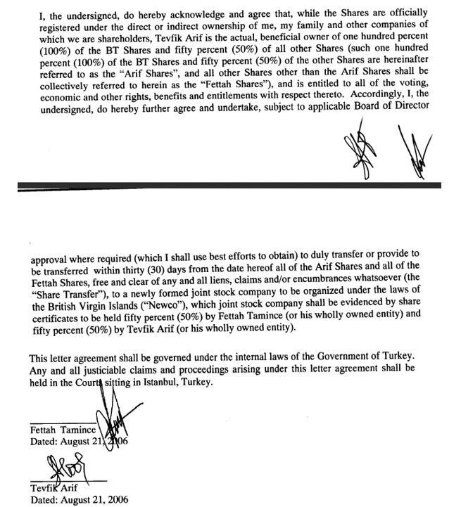 Portion of the signed agreement between Tevfik Arif and Fettah Tamince