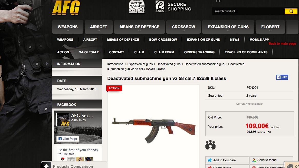 Online arsenal: Deactivated weapons on sale from Slovak gun shop AFG