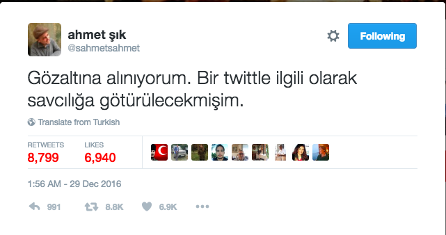 29 December Tweet from Ahmet Sik